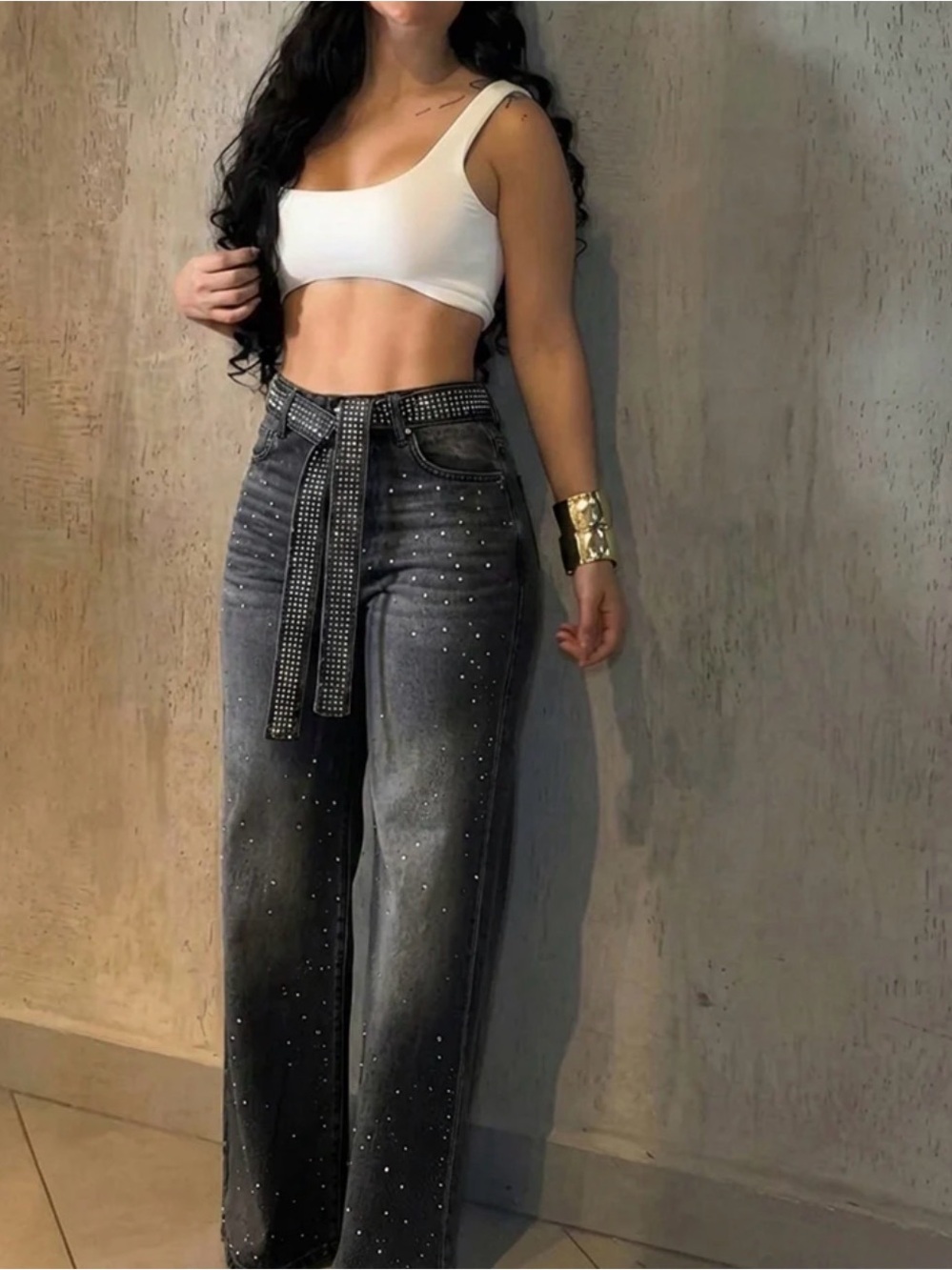 High-Rise Wide-Leg Rhinestone Black Jeans with Studded Belt